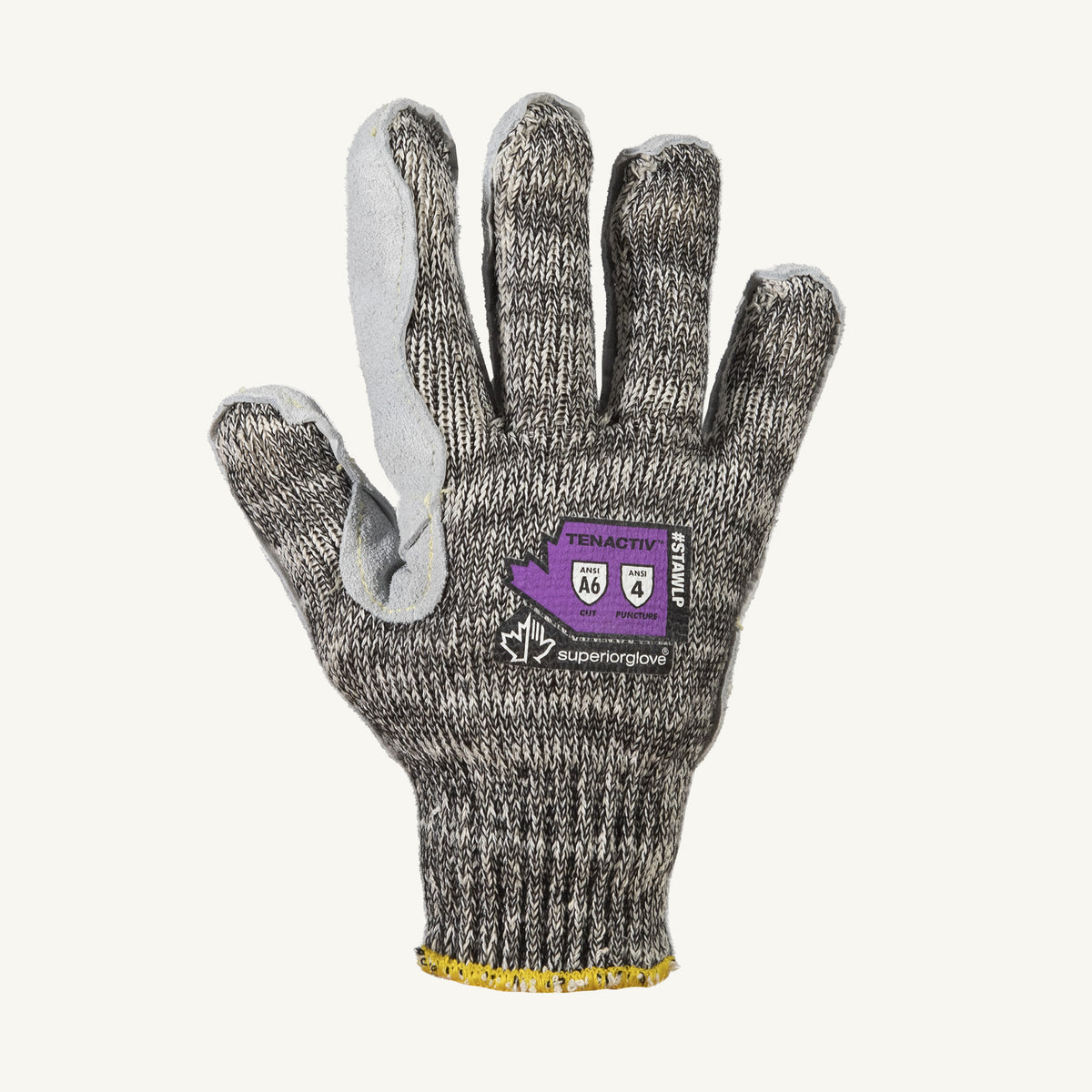Superior Glove STAWLP/M string knit glove with steel blend split leather palm and Tenactiv material, ANSI 4 puncture resistant.