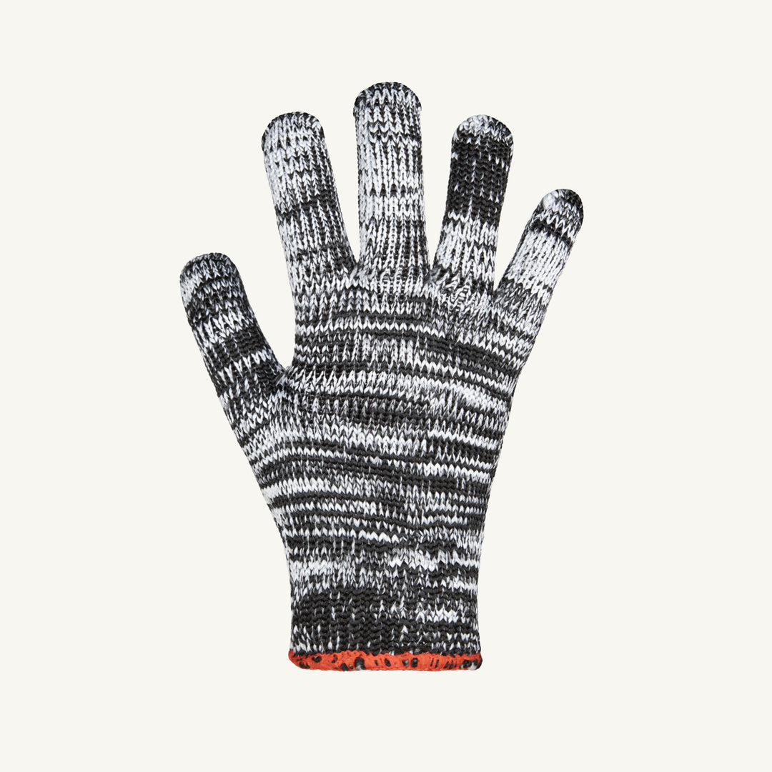 Black and white Superior Glove Sure Knit lint-free reusable gloves in XL size, made of speckled nylon and polyester/cotton knit.
