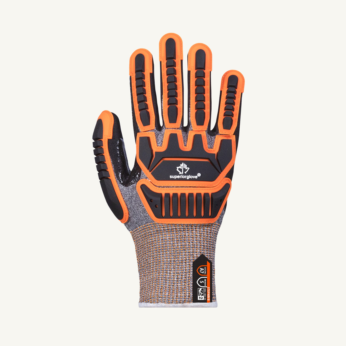 Superior Glove Tenactiv 13-gauge nitrile palm work glove with reinforced thumb and impact protection, featuring a TPR back and cut resistance.