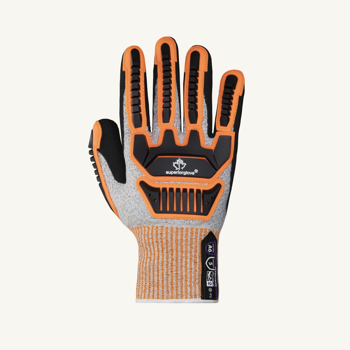 Superior Glove Tenactiv waterproof work glove with nitrile palm, steel fiber lining, acrylic interior, and TPR back for protection.