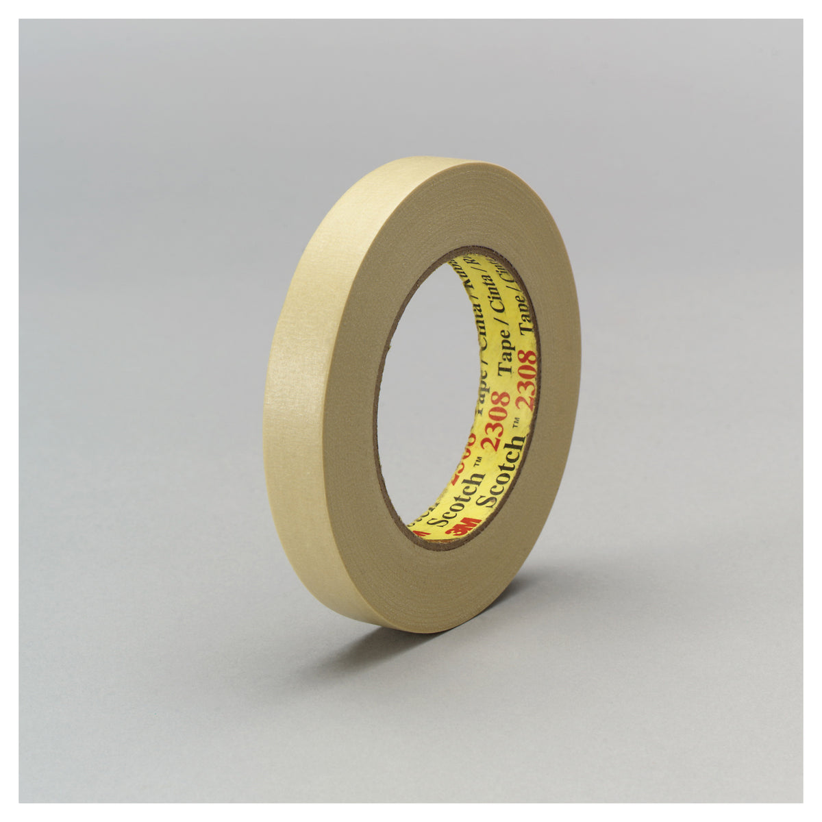 3M Scotch 2308 masking tape in tan, 1.4 inch by 60 yards, shown rolled on a surface for painting and masking projects.