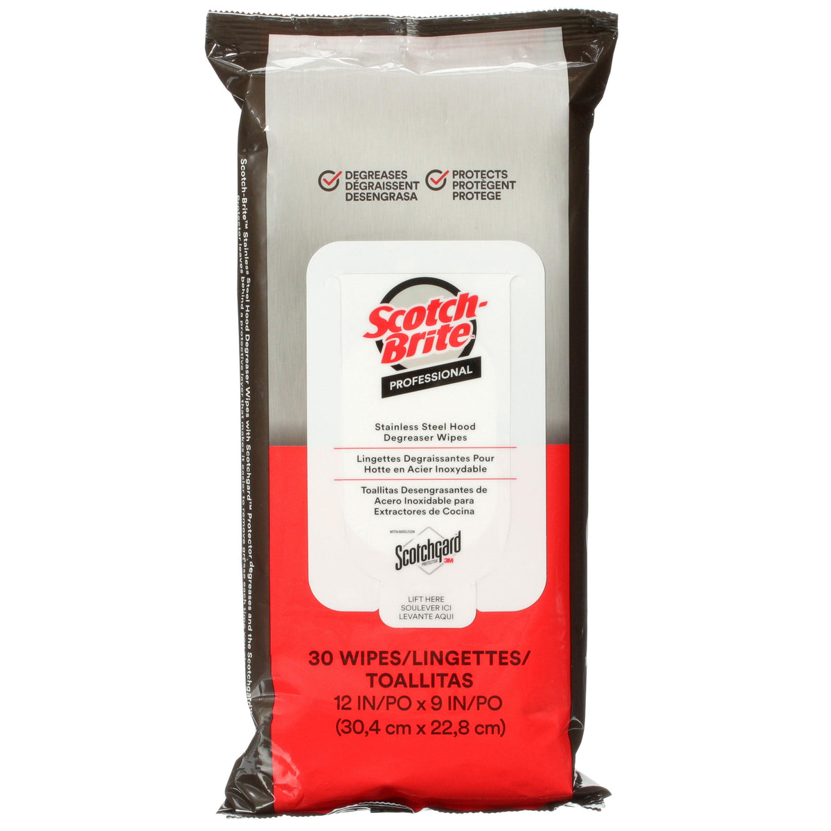 3M Scotch-Brite stainless steel hood degreaser wipes with Scotchgard protector, white, 9x12 inches, in a pack of wipes.