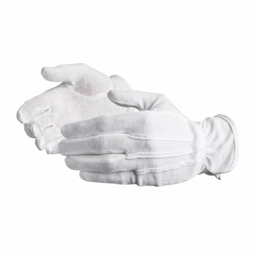 Superior Glove LL100-8 parade white gloves with forchette pattern, reusable size 8 inspector gloves on a white background.