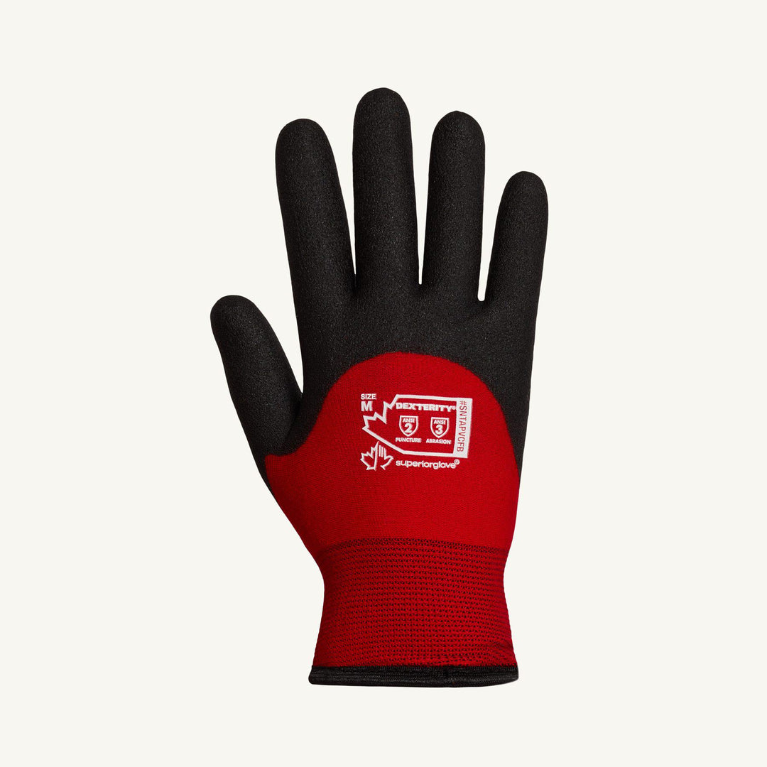 Red nylon reusable gloves by Superior Glove with black fleece lining and 3/4 PVC coated palms, size 2X-Large.