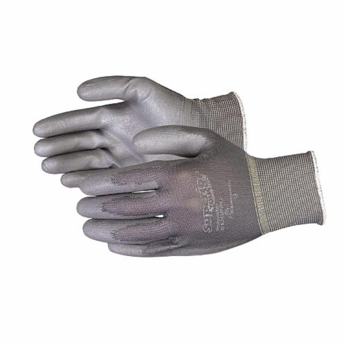 Grey polyester reusable gloves with polyurethane coated palms, size 10, by Superior Glove, for enhanced grip and durability.