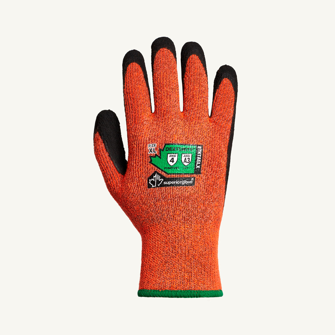 Superior Glove TKTAGLX-L dexterity terry knit blended fleece glove with latex palm coating and ANSI A3 cut resistance.