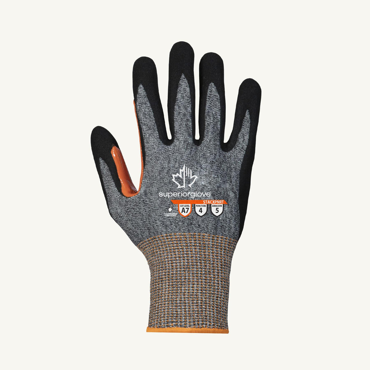 Reusable Superior Glove TenActiv STACXPNRT-7 gloves with 13-gauge HPPE/steel, micropore nitrile palms, reinforced thumbs, size 7.