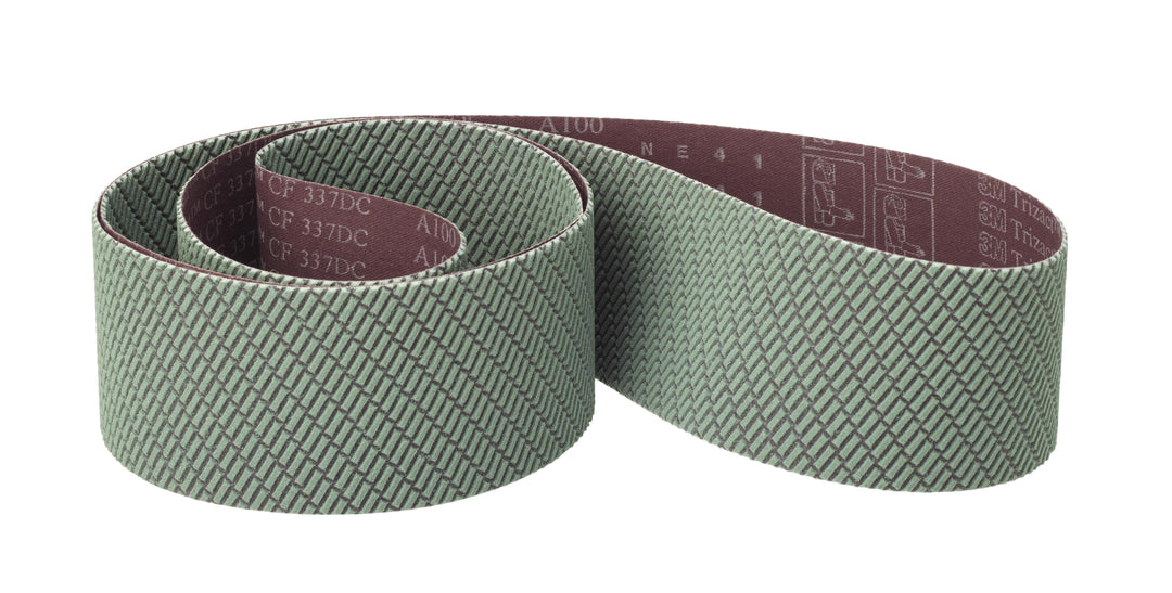3M Trizact cloth belt AM39414 337DC with abrasive surface for finishing and polishing applications.