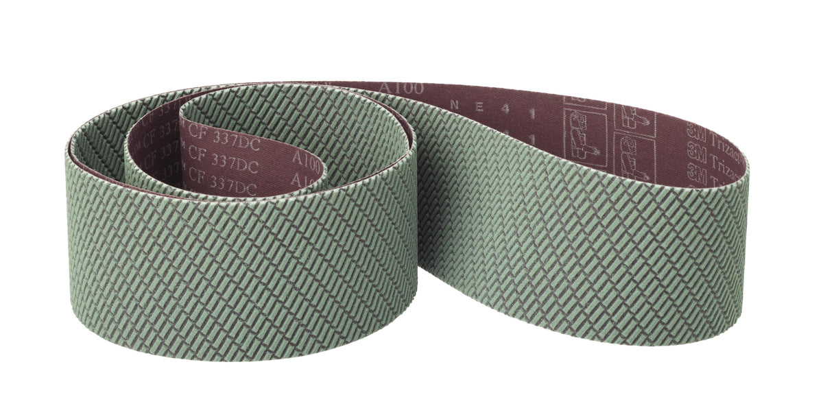 3M Trizact cloth belt AM39414 337DC with abrasive surface for finishing and polishing applications.