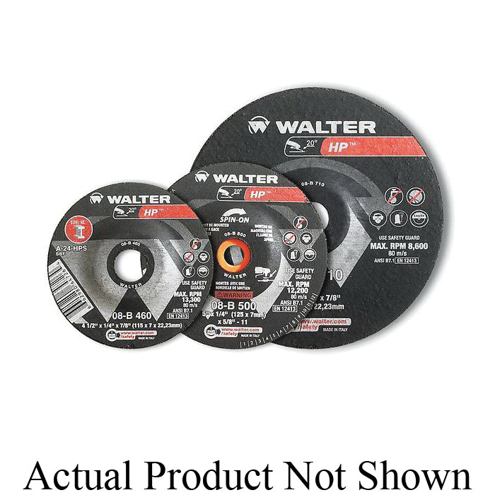 Walter 08B915 Type 27 9x1/4 5/8-11 HP grinding wheel, black abrasive surface with metal hub for angle grinders.
