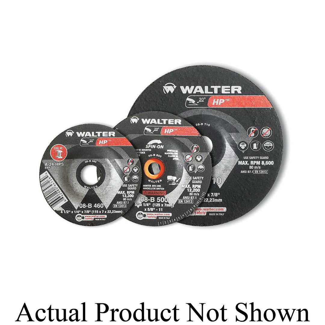 WALTER 08B507 Type 27S grinding wheel with 5/8-inch arbor and 1/8-inch thickness, mounted on a grinder.