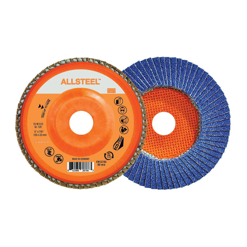 Walter 15W512 - 5 Inch x 7/8 Inch Type 27 120 Grit Flexsteel Zirconia Alumina Flap Disc