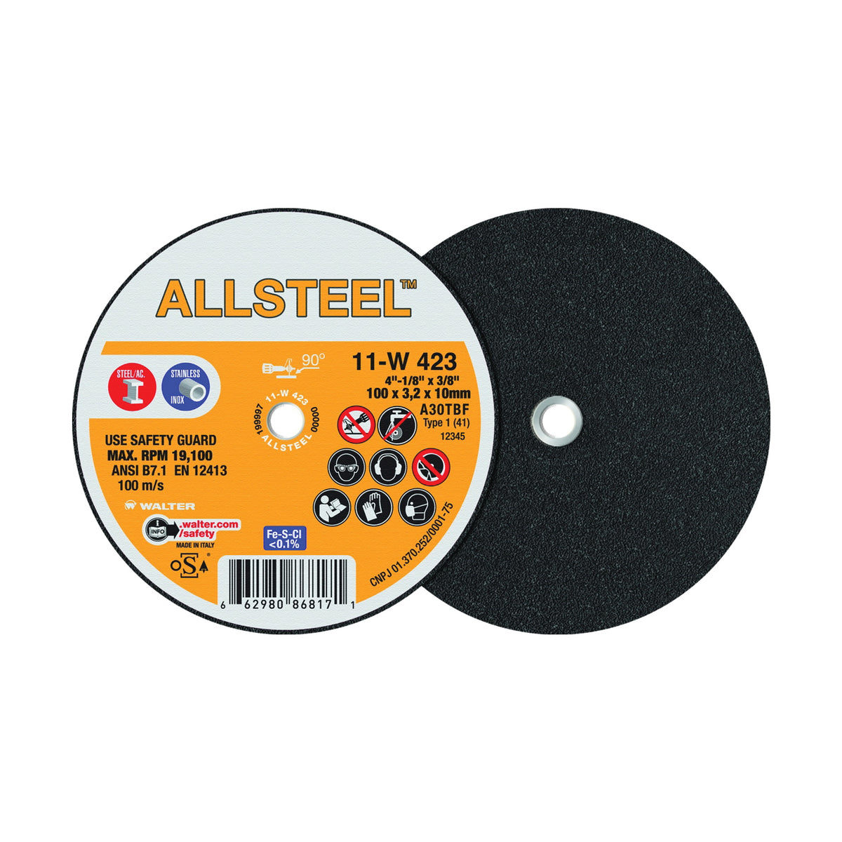 Walter 11W423 - Allsteel 4X1/8X3/8'' T1 Cut-Off Wheel - eGrimesDirect