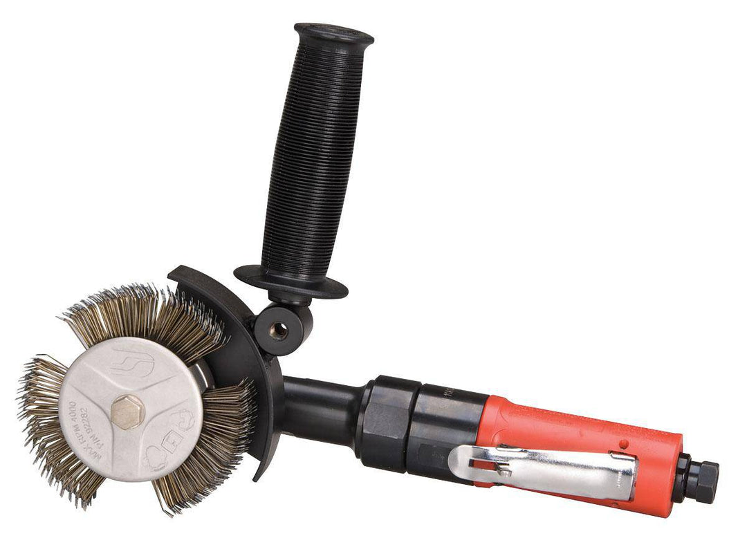 Autobrade Red Tools NZ1K angle grinder with wire wheel attachment, 4 HP, right angle, 3200 RPM, planetary gear, rear exhaust.