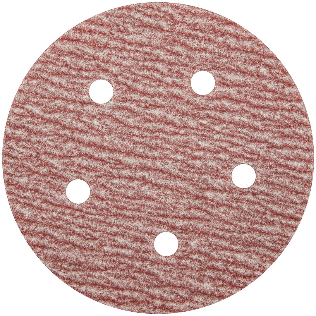Carborundum Premier Red 20315 5-inch Velcro paper disc with 80 grit aluminum oxide, vacuum hole, and 5-hole design.