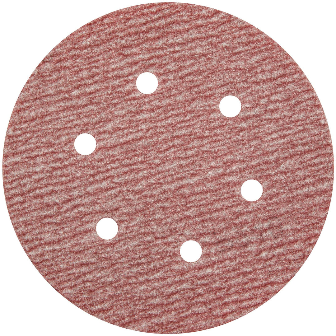 Carborundum Premier Red 6-inch Velcro paper disc with 6 holes, aluminum oxide, 320 grit for sanding and grinding.