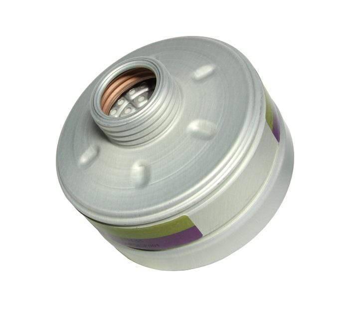 Draeger 6737360 P100 canister for phosphine and tear gas detection, compact safety device with warning labels and metal casing.