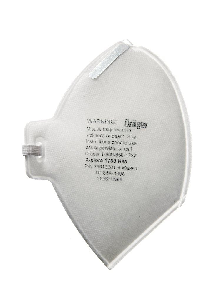Draeger X-plore 1750 disposable N95 respirator masks, flat fold style, individually wrapped, box of 20.