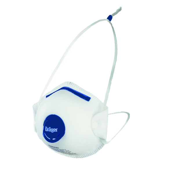Draeger X-plore 3951359 disposable N95 V odor mask in medium/large size with adjustable straps and protective filtering surface.