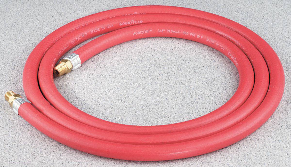 Dynabrade hose assembly with 3/8 inch inner diameter, 8-inch length, and 1/4 inch male fittings, set of two accessories.