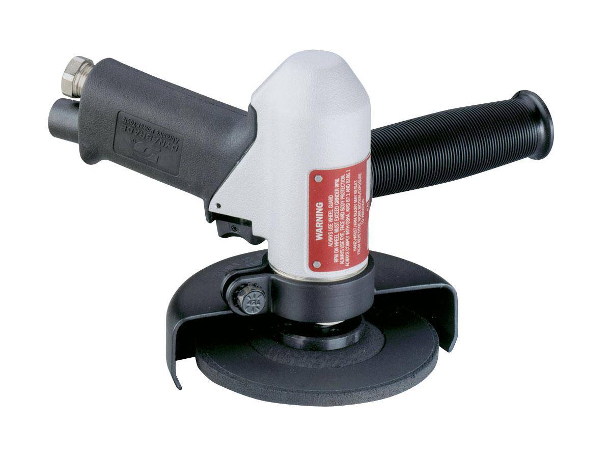 Dynabrade 50340 angle grinder with pistol grip, 4.5-5 inch diameter, 7 HP, 11,000 RPM, rear exhaust, 5/8-11 spindle thread.