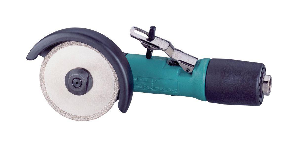 Dynabrade 52439 3-inch diameter right angle diamond cut-off wheel attached to angle grinder with rear exhaust and 3/8-inch-24 spindle thread.