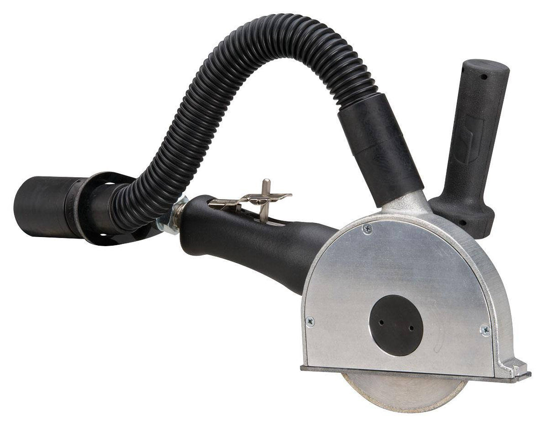 Dynabrade 52615 angle grinder with 5-inch vacuum cut-off wheel, 1.3 HP, 12,000 RPM, right angle, 3/8-inch-24 spindle thread.