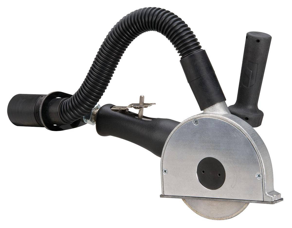 Dynabrade 52615 angle grinder with 5-inch vacuum cut-off wheel, 1.3 HP, 12,000 RPM, right angle, 3/8-inch-24 spindle thread.