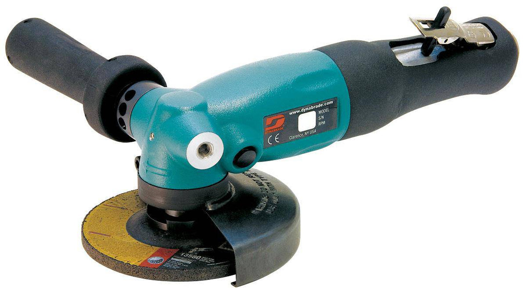 Dynabrade 52632 angle grinder with 4.5-inch depressed center wheel, right angle, 1.3 HP, 12000 RPM, 5/8-11 spindle thread.