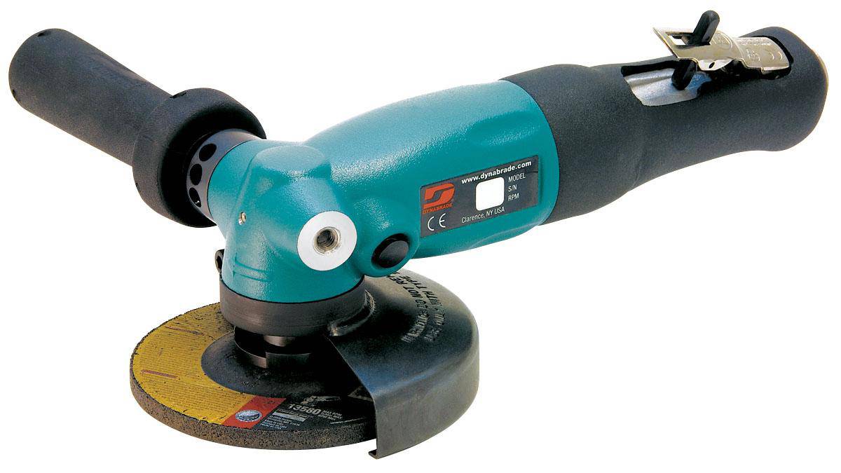 Dynabrade 52632 angle grinder with 4.5-inch depressed center wheel, right angle, 1.3 HP, 12000 RPM, 5/8-11 spindle thread.