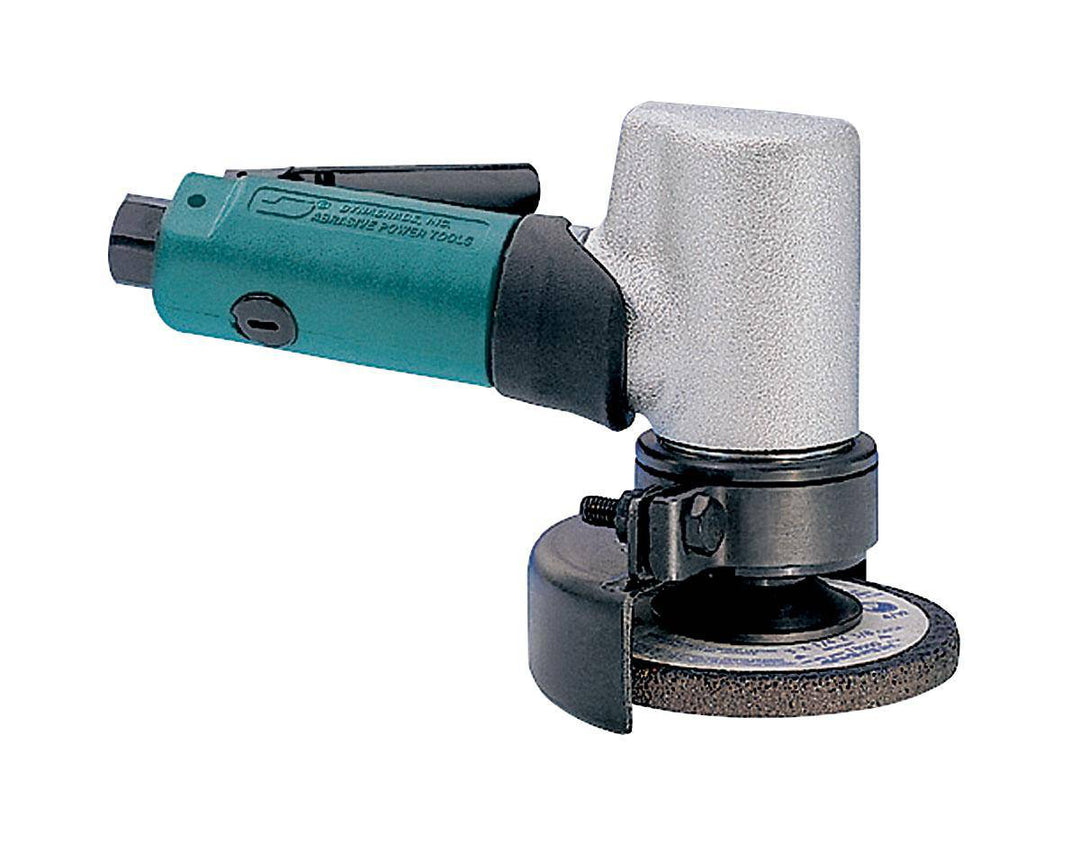 Dynabrade 52700 3-inch angle grinder with 7-degree offset, 0.7 HP, 18000 RPM, front exhaust, 3/8-inch-24 spindle thread.