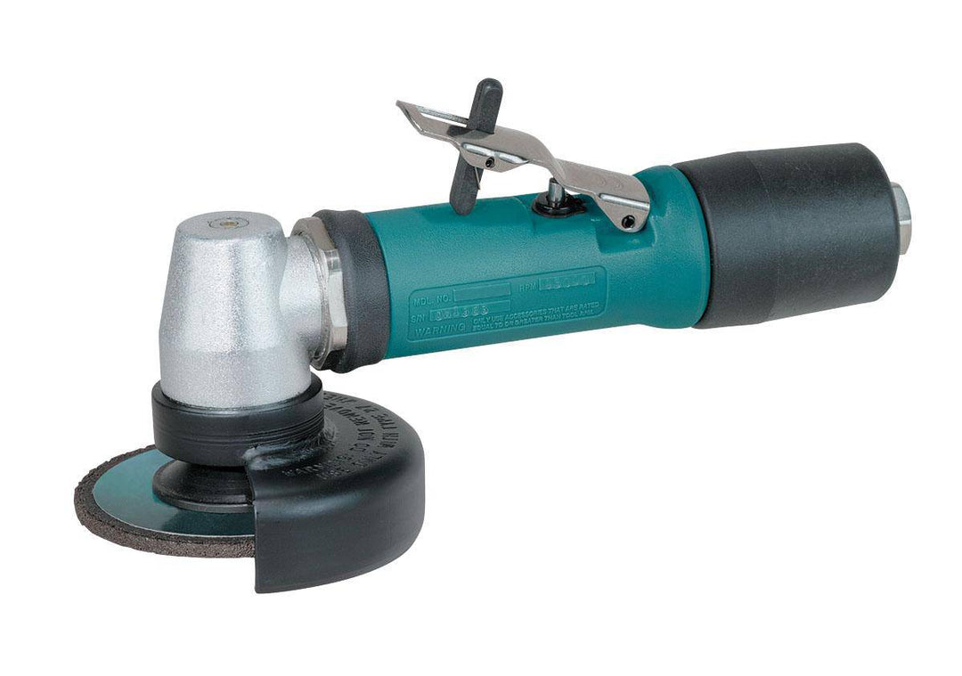 Dynabrade 3-inch right angle depressed center wheel grinder with 0.4 HP, 15000 RPM, geared rear exhaust, 3/8 inch-24 spindle thread.