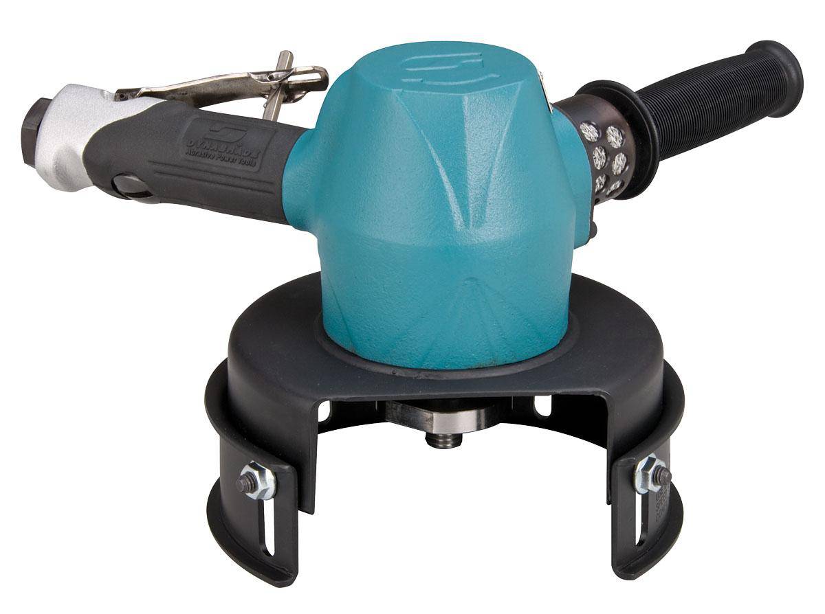 Dynabrade 53243 angle grinder with 6-inch Type 11 vertical cup wheel, 3 HP, 6000 RPM, gearless rotation, 5/8-11 spindle thread.