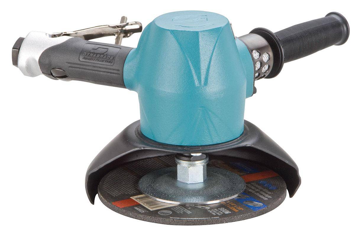 Dynabrade 7-inch Type 27 vertical depressed center wheel grinder with 3 HP, 8500 RPM, gearless rotation, 5/8-11 spindle thread.