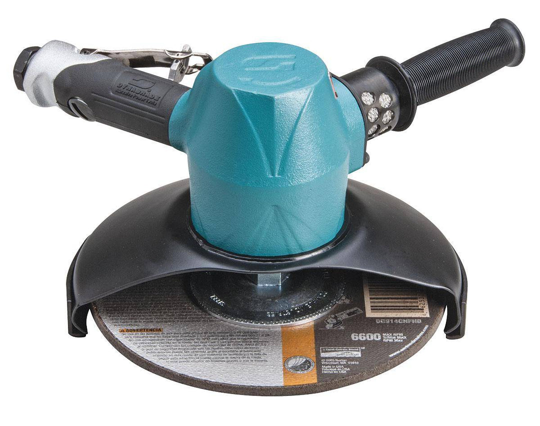 Dynabrade 53249 angle grinder with 9-inch depressed center wheel, 3 HP, 6000 RPM, gearless drive, 5/8-11 spindle thread.
