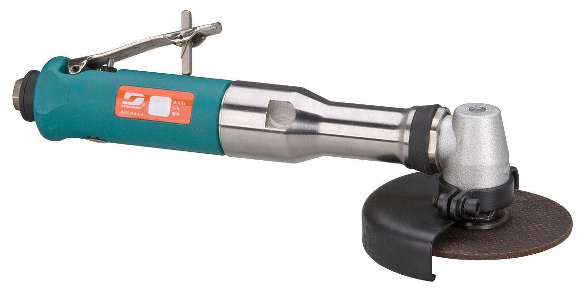 Dynabrade 54736 extended right angle cut-off tool, 4-inch diameter, 0.7 HP, 13500 RPM composite angle grinder in use.
