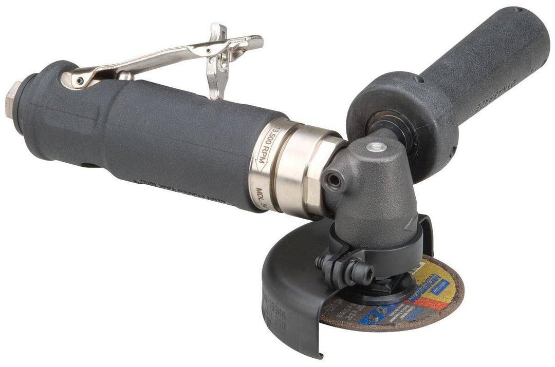 Dynabrade 54740 3-inch right angle cut-off tool with 0.7 HP, 18000 RPM, steel body, for cutting and grinding tasks.