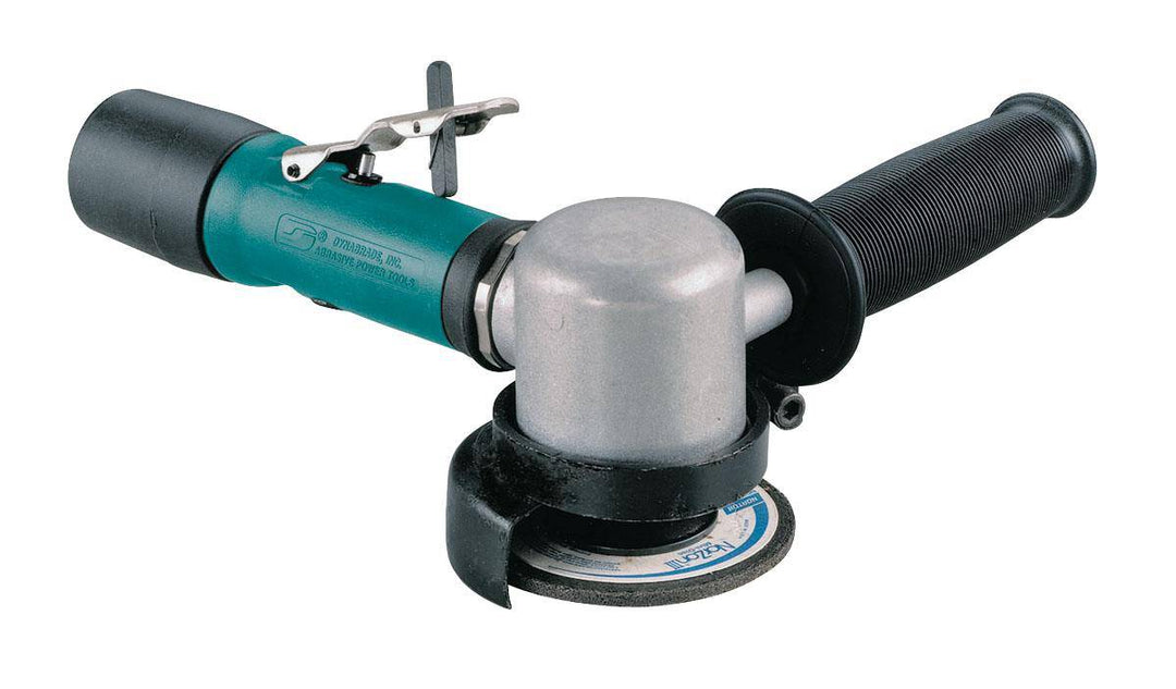 Dynabrade 57127 3-inch angle grinder with depressed center wheel, 0.55 HP, 15000 RPM, rear exhaust, 3/8-inch-24 spindle thread.