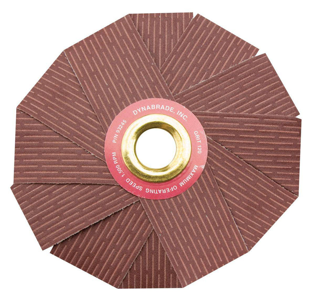Dynabrade 93245 8-inch x 1-inch arbor-mounted sanding star with 120 grit aluminum oxide for metal grinding and finishing.