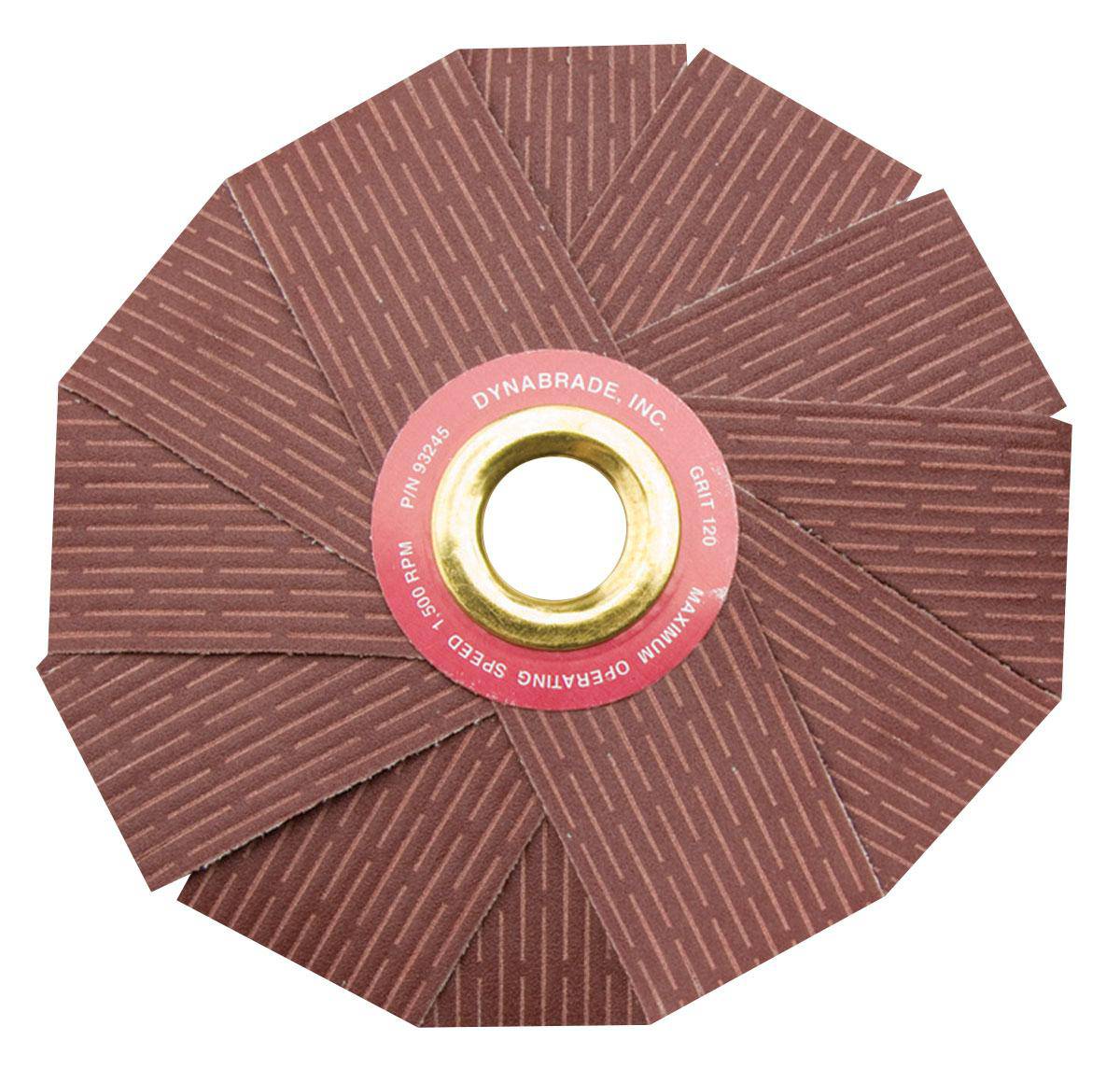 Dynabrade 93245 8-inch x 1-inch arbor-mounted sanding star with 120 grit aluminum oxide for metal grinding and finishing.