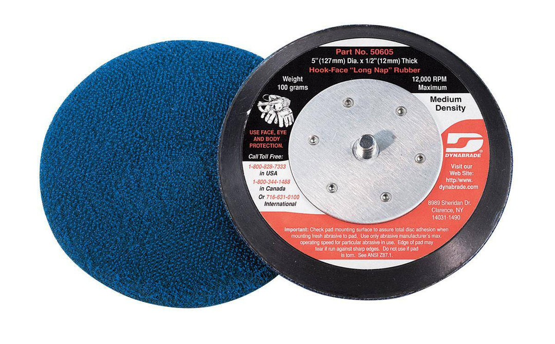 Dynabrade 50605 5-inch diameter non-vacuum disc pad with hook face and long nap for backup polishing and sanding applications.