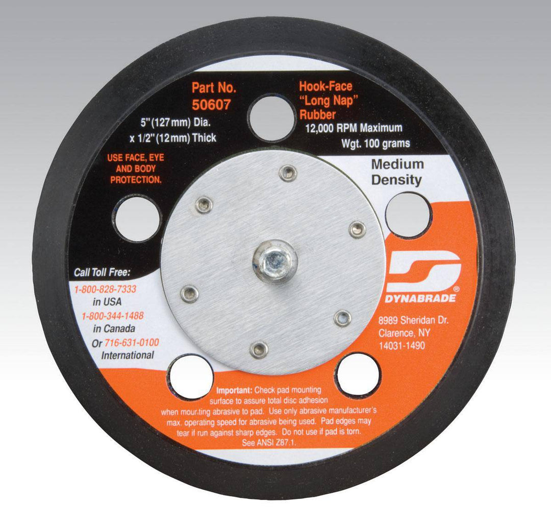Dynabrade 50607 5-inch vacuum disc hook-face backup pad with long nap for polishing and sanding applications.
