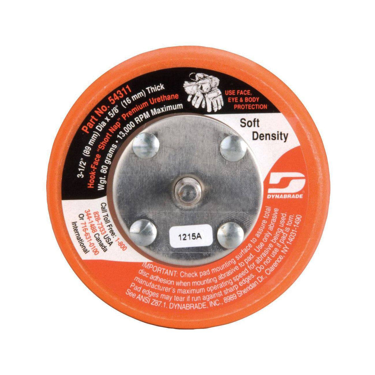 Dynabrade 56090 3-inch diameter non-vacuum disc pad with hook face and long nap, used as a backup pad for polishing and sanding.