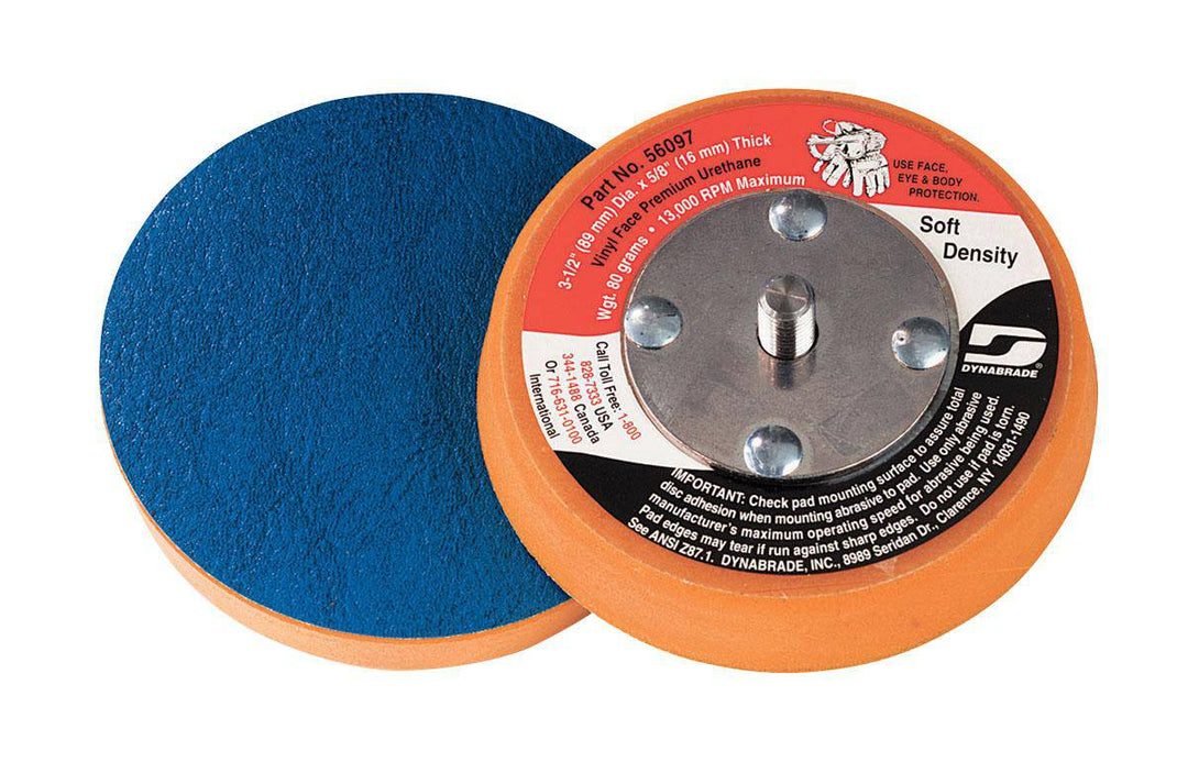 Dynabrade 56097 non-vacuum disc backup pad with 3.5-inch diameter and vinyl face, designed for abrasive grinding and polishing.