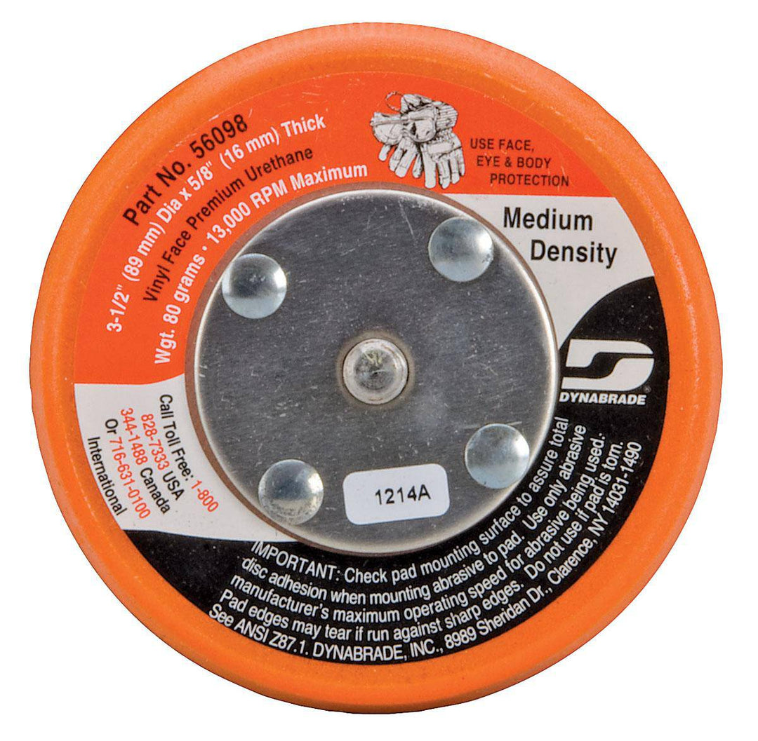 Dynabrade 56098 yellow Stikit backup pads, 3-1/2 inch diameter, for sanding and polishing tools, shown in close-up.