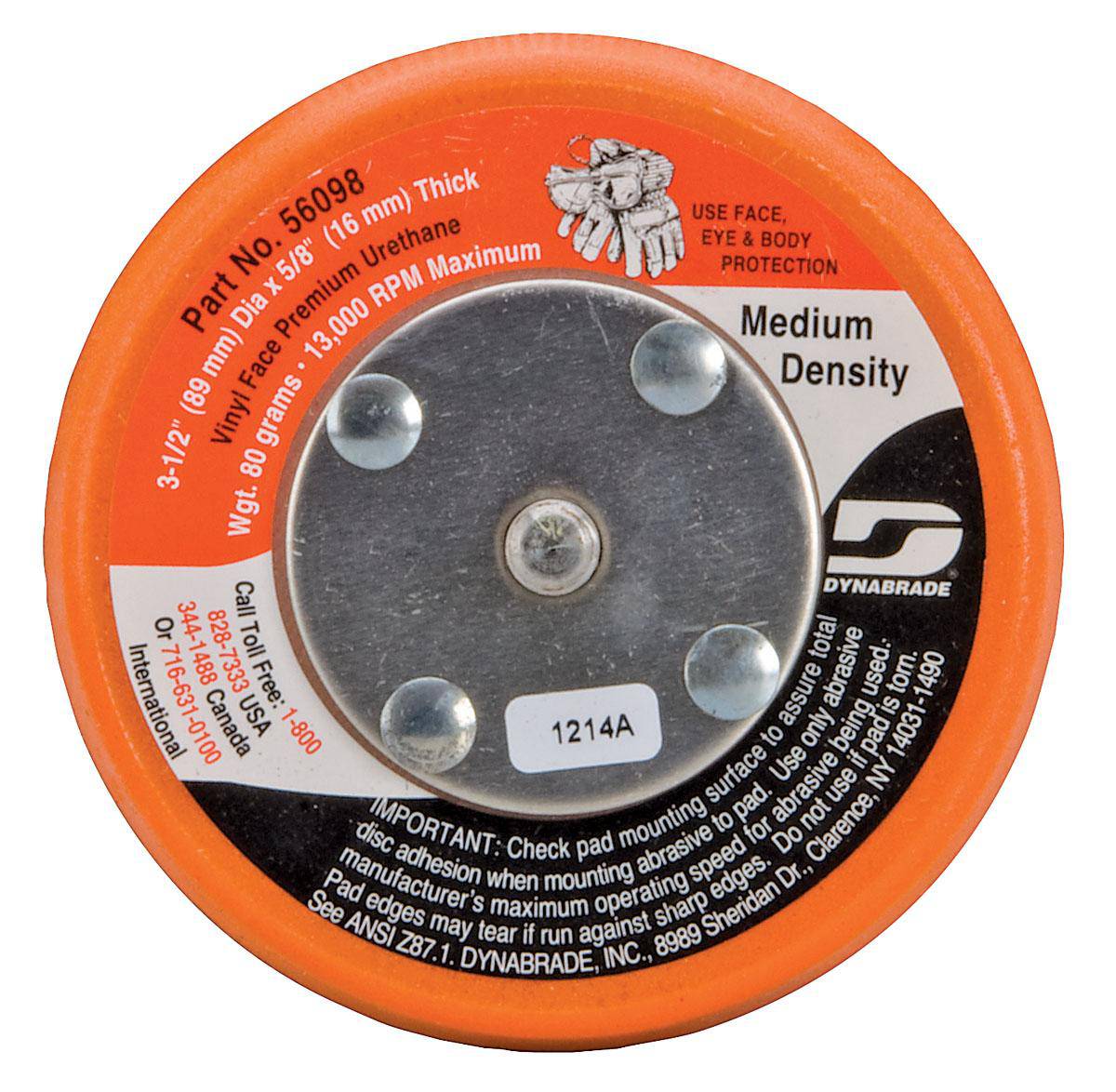 Dynabrade 56098 yellow Stikit backup pads, 3-1/2 inch diameter, for sanding and polishing tools, shown in close-up.