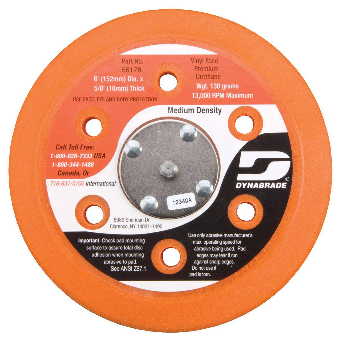 Dynabrade 56178 vacuum disc pad with 6-inch diameter and vinyl face for backup polishing and sanding tools.