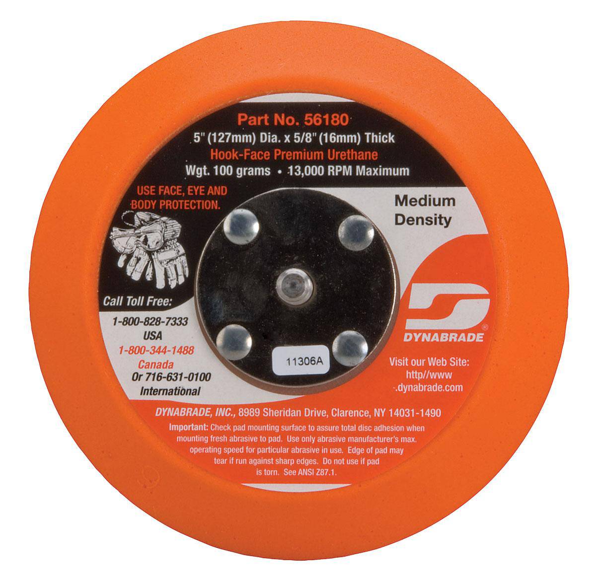 Dynabrade 56180 non-vacuum 5-inch hook-face disc backup pad with short nap for polishing and sanding applications.