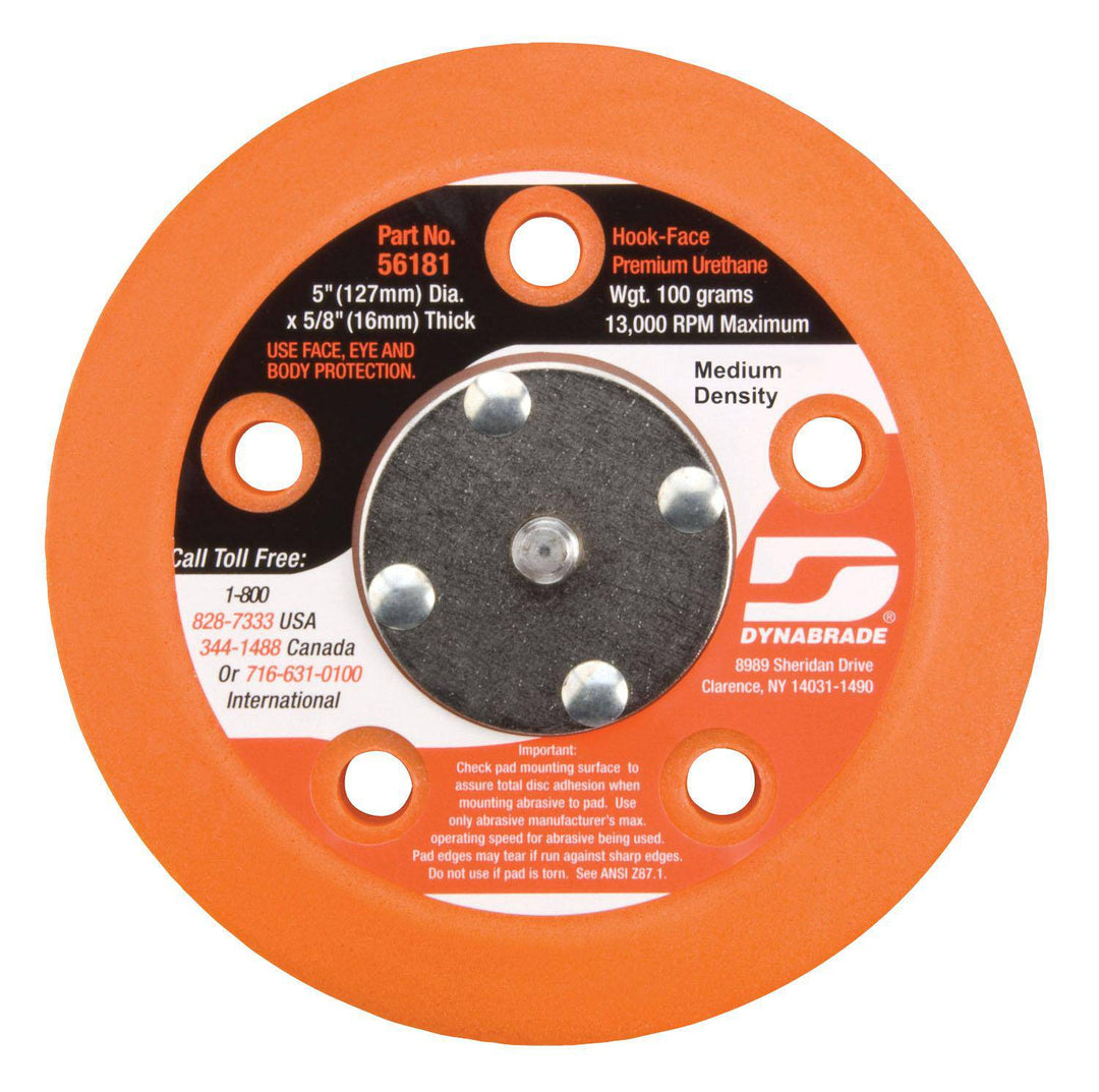 Dynabrade 56181 5-inch vacuum disc backup pad with hook-face and short nap for versatile sanding and polishing applications.