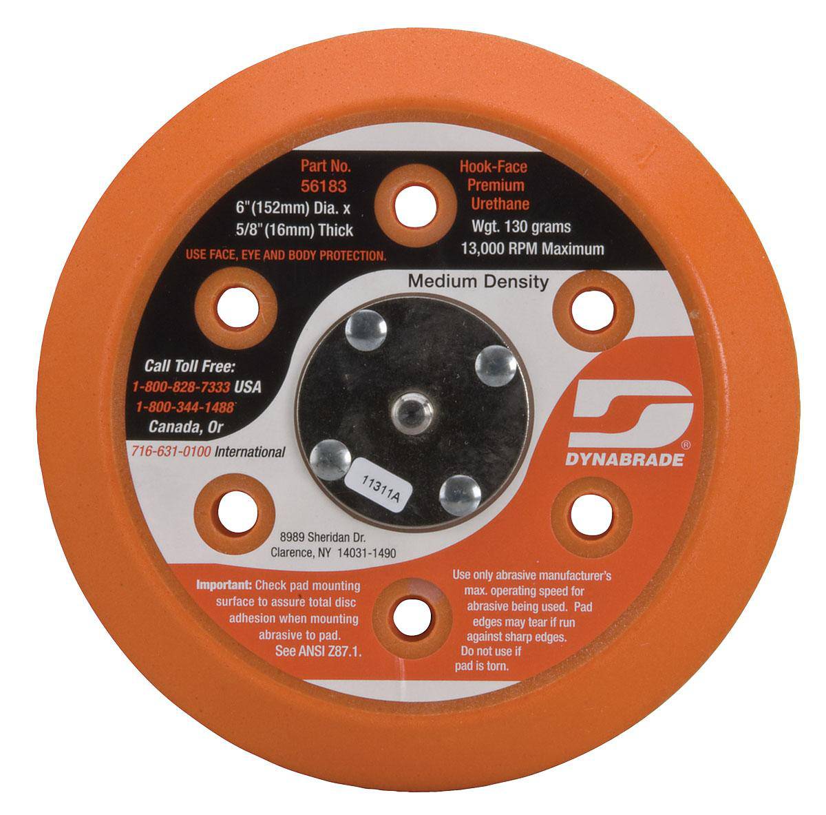 Dynabrade 56183 vacuum disc backup pad with 6-inch diameter, hook-face, short nap designed for power sanding and polishing.